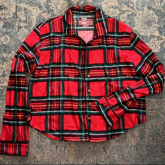 🆕 VS PINK | Red Flannel Pajama Shirt Size Medium - Picture 2 of 4